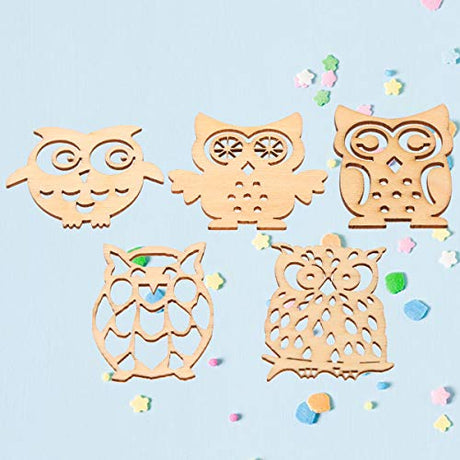 Amosfun 10pcs Wooden Owl-Shaped Slices Unfinished Wooden Crafts with Various Cutout(Random Style) Amosfun