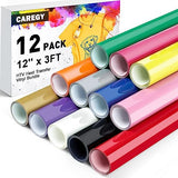 CAREGY HTV Vinyl Bundle Heat Transfer Vinyl(12 Pack) - 12 Inch by 3 Feet HTV Vinyl Rolls, Easy to Cut Iron on Vinyl for Cricut & Cameo, Easy to Weed CAREGY
