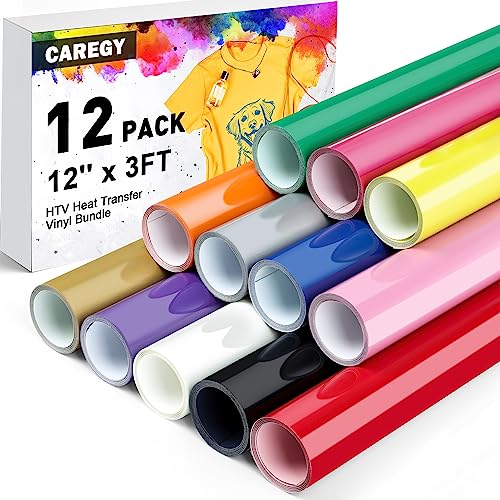 CAREGY HTV Vinyl Bundle Heat Transfer Vinyl(12 Pack) - 12 Inch by 3 Feet HTV Vinyl Rolls, Easy to Cut Iron on Vinyl for Cricut & Cameo, Easy to Weed - WoodArtSupply