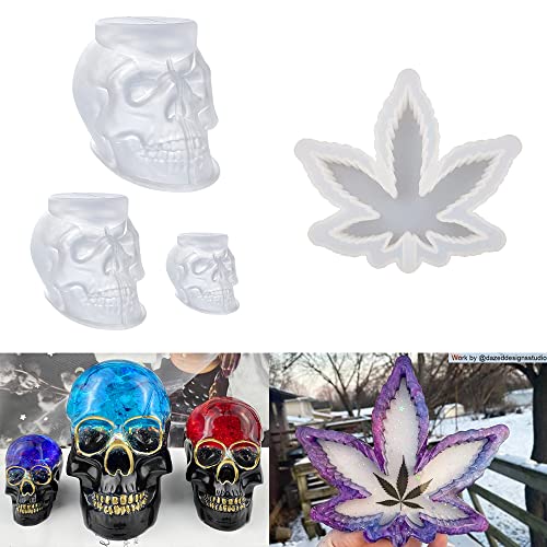 ResinWorld Leaf Ashtray Mold for Epoxy Resin + Set of Large Medium Small 3D Skull Resin Molds ResinWorld