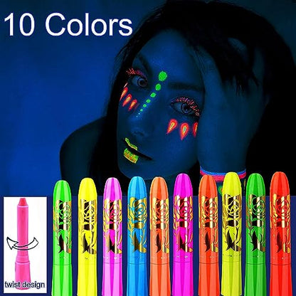 10 Colors Glow in The Black Light Face Paint Crayons Kit, UV Black Light Makeup Neon Face and Body Paint Sticks Markers for Mardi Gras Halloween