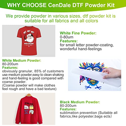 CenDale DTF Powder Kit, Includes Fine Medium, White Black Digital DTF Transfer Powder for Sublimation, Compatible with DTF and DTG Printers, DTF CenDale