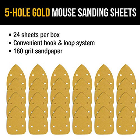 Dura-Gold Premium Mouse Detail Sander Sandpaper Sanding Sheets - 180 Grit (Box of 24) - 5 Hole Pattern Hook & Loop Triangle Mouse Discs - Woodworking Dura-Gold