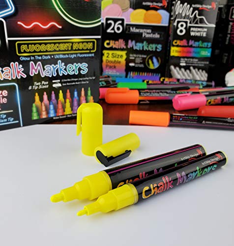 16 UV Fluorescent Neon Chalk Markers - Double Pack of Both Fine & Reversible Medium Tip Liquid Chalk Pens Wet Erasable Menu Boards, Glass, ArtShip Design