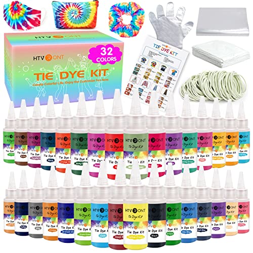 HTVRONT Tie Dye Kit - 32 Vibrant Colors Pre-Filled Bottles Tyedyedye Kit, Permanent Non-Toxic for Large Groups Kids Adults,Tye Fabric Textile HTVRONT