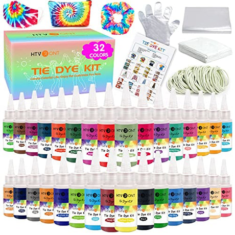 HTVRONT Tie Dye Kit - 32 Vibrant Colors Pre-Filled Bottles Tyedyedye Kit, Permanent Non-Toxic for Large Groups Kids Adults,Tye Fabric Textile HTVRONT