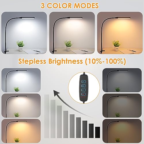 ShineTech LED Desk Lamp for Home Office, Eye-Caring Desk Light with Clamp, 3 Colors Stepless Brightness Adjustable Flexible Gooseneck, USB Adapter ShineTech