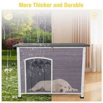 Insulated Wooden Dog Kennel Dog House with PVC Curtain and Removable Floor for Easy Cleaning (Large)