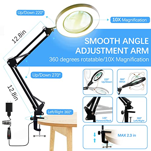 10X Magnifying Glass Lamp, Adjustable Swing Arm 72 LEDs Real Glass Lens Magnifier Light,3 Color Modes 10 Stepless Dimmable,Perfect for Daily - WoodArtSupply