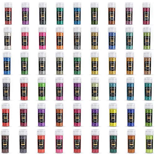 Arteza Fine Glitter, Set of 54 Colors, Shaker Jars (0.34oz/9.6 g) Glow Under UV Black Light, Extra Fine, Art Supplies for DIY Crafts ARTEZA