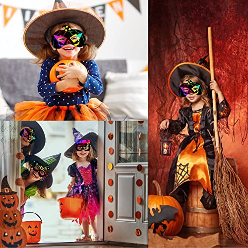 Magic Masks, 8PCS Rainbow Scratch Paper Halloween Masks DIY Art Craft Kit Ghost Skeleton Cat Witch Pumpkin Bat Spider Mask Decorations for Kids Holiberty