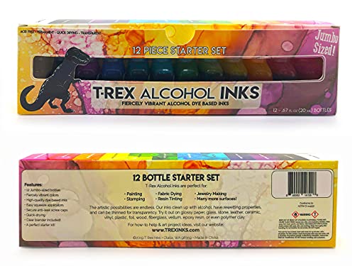 T-Rex Inks Premium Alcohol Inks Starter Set- 12 Vibrant XL Colors - Alcohol Ink for Epoxy Resin Dye, Painting, Tumbler Making & More - Storage Box & - WoodArtSupply