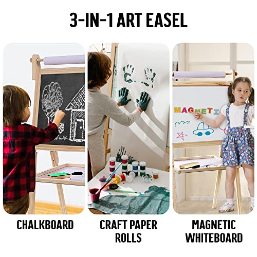 Kraftic Deluxe Standing Art Easel for Kids - Toddler Drawing Chalkboard, Magnetic Whiteboard, Dry Erase Board, Paper Roll and Accessories - WoodArtSupply