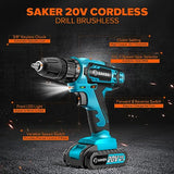 Saker Cordless Drill Set, 20V Electric Drill with Drill/Screwdriver Bits, 3/8-Inch Keyless Chuck, 2 Variable Speeds, 18+1 Torque Setting Battery Saker