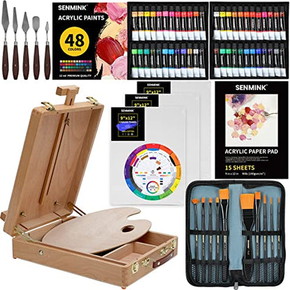 69 Pcs Artists Painting Set with Wood Box Easel，48×12ML Acrylic Painting Set, Canvas 9x12 inches, Wood Palette, Palette Knife Art Supplies, Paint Set - WoodArtSupply