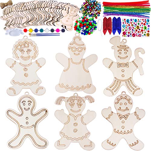 40 Set Wooden Christmas Ornaments Craft Kit DIY Gingerbread Man Ornaments Paintable Wood Gingerman Family Dolls Gingerman Cutout Hanging Christmas