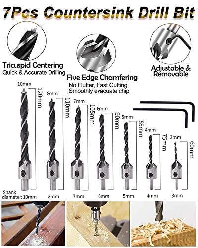 28 Pack Woodworking Chamfer Drilling Tools with a Case, Rocaris Including 6 Countersink, 5 Metric Step Drill Bit, 7 Counter Sinker Drill Bit Set with
