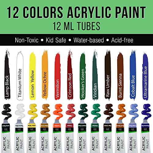 U.S. Art Supply 29-Piece Children's Acrylic Paint Artist Set with 12 Paint Colors, 7 Brushes, 12" Easel, 4 Canvas Panels, 3 Painting Palettes, Color - WoodArtSupply