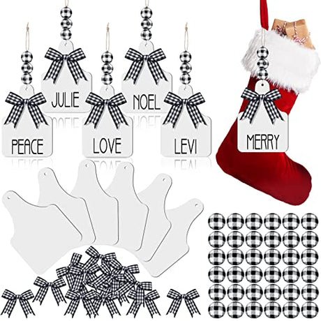 12 Pcs Christmas Stocking Name Tags Unfinished Wood Tags Personalized Blank Stocking Tags Buffalo Plaid Wood Bead Decor Farmhouse Xmas Stocking Bucherry