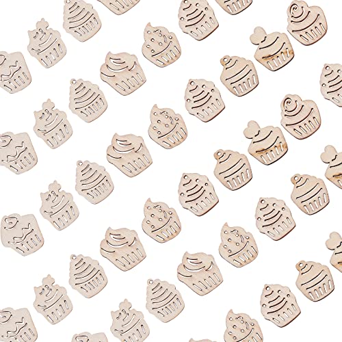KitBeads 100pcs Random Hollow Cake Unfinished Wood Cutouts Wooden Cupcake Dessert Theme Filligree Wooden Ornament for DIY Crafts Home Decorations KitBeads