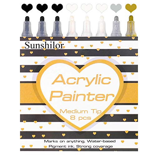 Sunshilor White Paint Pen, Acrylic White Permanent Marker White Paint Pens for Wood Rock Plastic Leather Glass Stone Metal Canvas Ceramic Marker, Set Sunshilor
