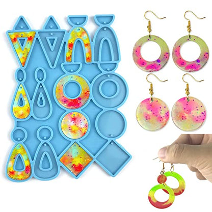 Szecl Earrings Resin Molds Silicone 12 Cavity Earring Epoxy Resin with Hole Triangle Square Round Water Drop Resin Jewelry Molds for Making Earrings