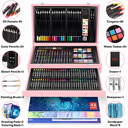 iBayam Art Supplies, 150-Pack Deluxe Wooden Art Set Crafts Drawing Painting Kit with 1 Coloring Book, 2 Sketch Pads, Creative Gift Box for Adults iBayam