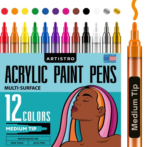 ARTISTRO 12 Acrylic Paint Pens for Fabric, Canvas, Rock, Glass, Wood - 3mm Medium Tip Paint Markers-Ideal Art Supplies for Adults and Kids ARTISTRO