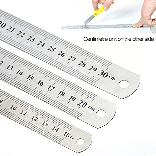 Elisel 3 PCS Stainless Steel Ruler Set with Inch and Metric Graduation, 12 Inch, 8 Inch and 6 Inch(Silvery) - WoodArtSupply