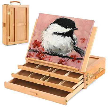 VISWIN Large Adjustable 3 Drawer Storage Box Easel, Premium Beechwood Tabletop Sketchbox, Portable Wood Artist Desktop Easel with Book Stand, Table VISWIN