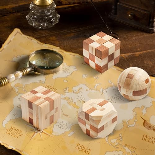 4 Pack Wooden Puzzle Games Brain Teasers Toy- 3D Puzzles for Teens and Adults - Wooden Logic Puzzle Wood Snake Cube Magic Cube Magic Ball Brain Rich Boxer