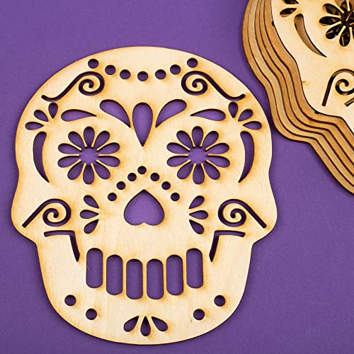 Factory Direct Craft Set of 6 Day of The Dead Sugar Skull Unfinished Wood Cutouts | Blank Skull Shapes for Dia de Los Muertos | Size: 6" x 5" - WoodArtSupply