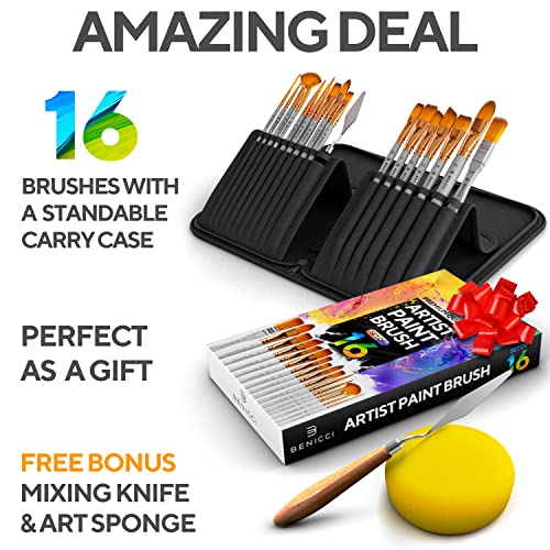 16 Pieces Premium Artist Paint Brush Set - Includes Palette Knife, Sponge, Organizing Case - Painting Brushes for Kids, Adults & Professionals - Benicci