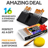 16 Pieces Premium Artist Paint Brush Set - Includes Palette Knife, Sponge, Organizing Case - Painting Brushes for Kids, Adults & Professionals - Benicci