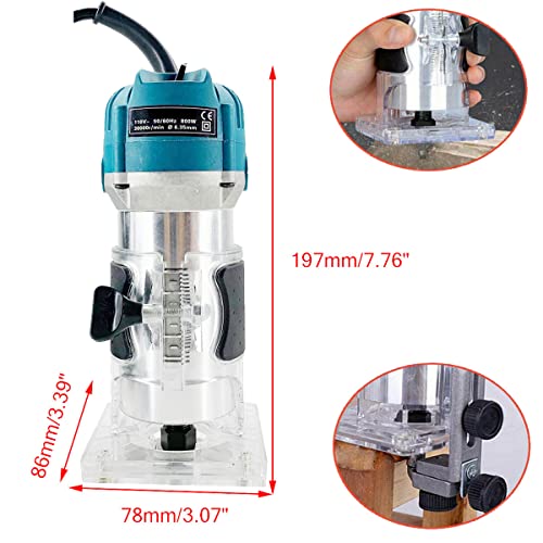Cozyel 110V 800W Palm Router Electric Hand Trimer Wood Router 1/4" Collets Woodworking Tool Laminate Trimer, Blue Cozyel