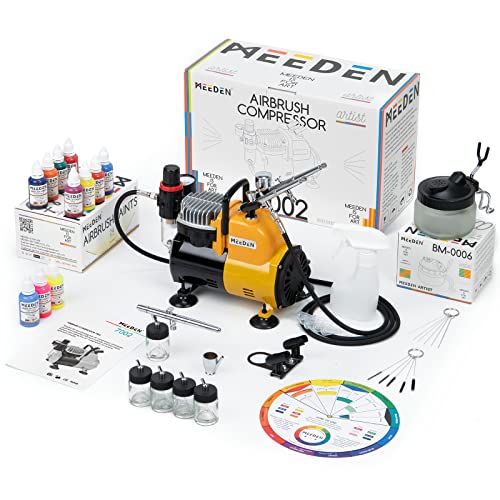 MEEDEN Airbrush Kit with Compressor, Professional and Quiet Airbrush System with 3 Dual-Action Airbrushes, 24 Colors Airbrush Paint, Hose, Holder, - WoodArtSupply