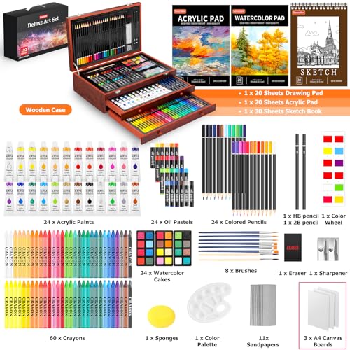 Soucolor Art Supplies, 192-Pack Deluxe Art Set Drawing Painting Supplies Art Kit with Acrylic Pad, Watercolor Pad, Sketch Book, Canvases, Acrylic