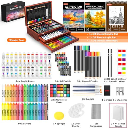 Soucolor Art Supplies, 192-Pack Deluxe Art Set Drawing Painting Supplies Art Kit with Acrylic Pad, Watercolor Pad, Sketch Book, Canvases, Acrylic - WoodArtSupply