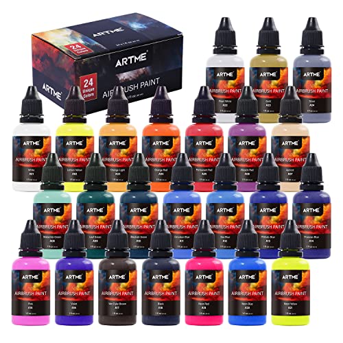 ARTME 24 Colors Airbrush Paint Set Include Metallic and Neon Colors, Opaque & Water Based Acrylic Paint, Leather & Shoe Airbrush Paint Kit for Artme