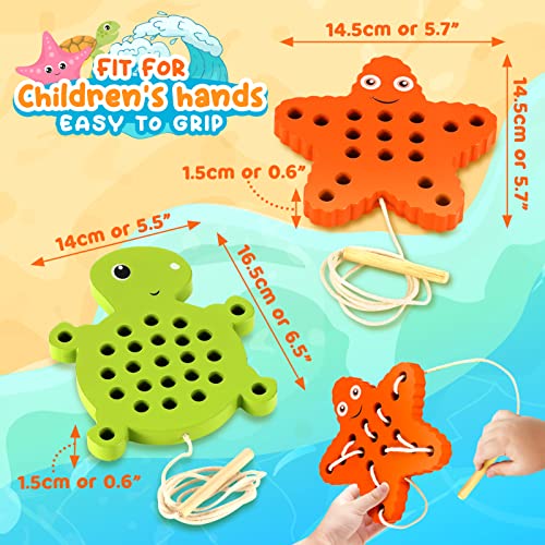 KLT Wooden Lacing Threading Toys for Toddlers Fine Motor Skills, 1 Turtle 1 Starfish Car Airplane Toddler Travel Toys, Wood Puzzle Educational Gifts KLT