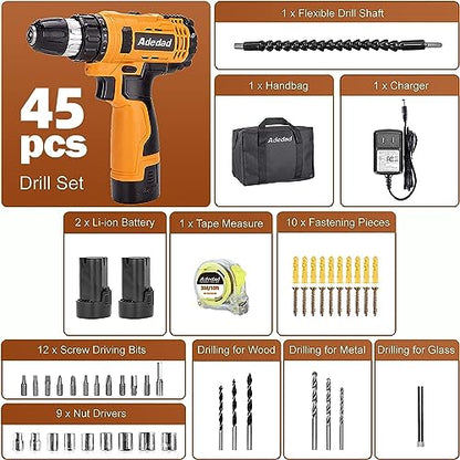 Adedad 12V Cordless Drill Set Electric Power Drill with 2 Batteries and Charger, 3/8 Inch Keyless Chuck, 300 In-lbs Torque, 21+1 Position, 2 Variable