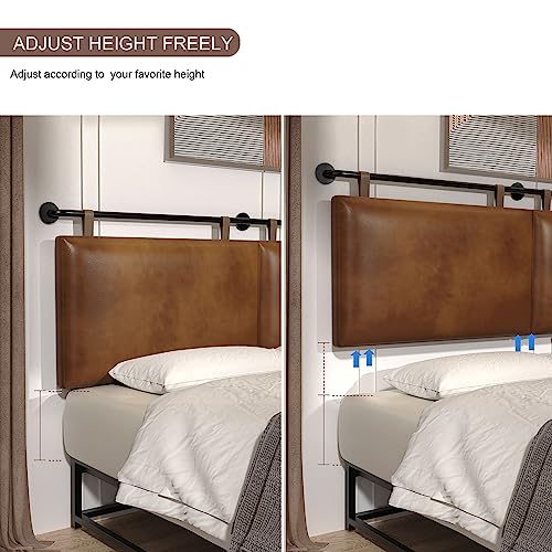 BSHOMGI Wall Mount Headboard, King Headboard Size, PU Leather Head Board Only Brown Hanging Head Boards, Industrial Pipe Modern King Bed Backboard BSHOMGI