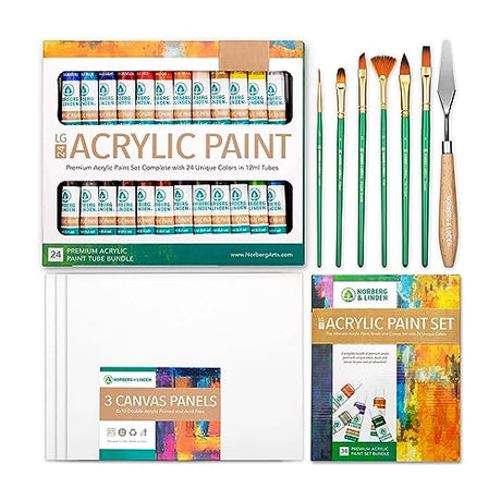 Norberg & Linden Acrylic Paint Set - Canvas and Acrylic Paint Sets for Adults, Teens, Kids - Includes 24 Vivid Colors, 3 Painting Canvas Panels, 6 Norberg & Linden