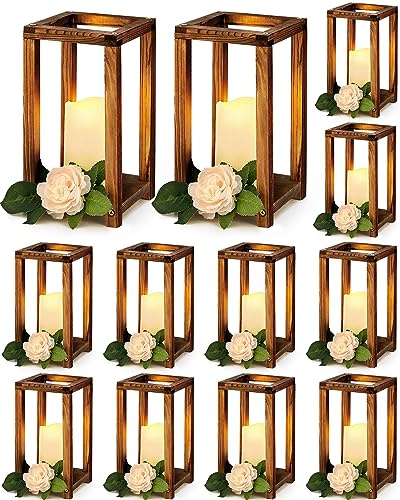 Huquary 24 Pcs Wooden Candle Lantern Bulk Wedding Lantern Centerpiece Includes 12 Farmhouse Wooden Candle Holder and 12 Flameless Decorative Led - WoodArtSupply