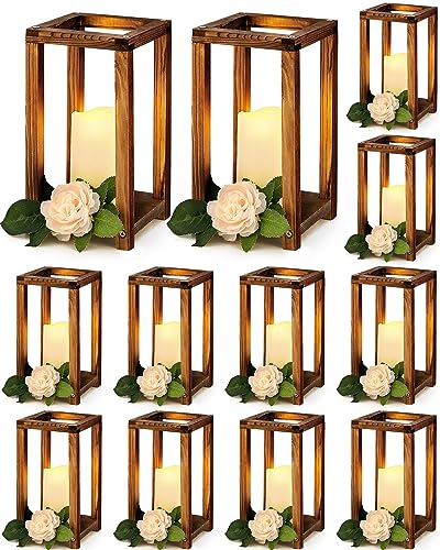Huquary 24 Pcs Wooden Candle Lantern Bulk Wedding Lantern Centerpiece Includes 12 Farmhouse Wooden Candle Holder and 12 Flameless Decorative Led