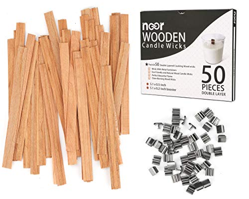 Wood Wicks for Candles Making - NOOR 50 Pieces Smokeless Wooden Wicks with Booster. Crackling Wood Wick with Metal Clips for Candle Making and DIY NOOR