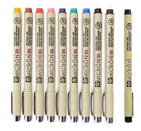 SAKURA Pigma Micron 05 Pack of 9 Colours, Black, Orange, Brown, Red, Pink, Green, Purple, Blue, Sepia SAKURA