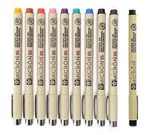 SAKURA Pigma Micron 05 Pack of 9 Colours, Black, Orange, Brown, Red, Pink, Green, Purple, Blue, Sepia - WoodArtSupply