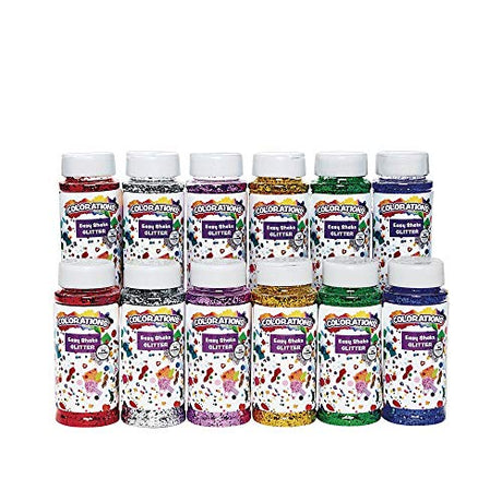 Colorations® Easy Shake Glitter, Great for Crafting & Decorating, Each jar has shaker lid, 6 Bright Colors, 3.5 oz jars, 2 of each, Safe & Never Colorations
