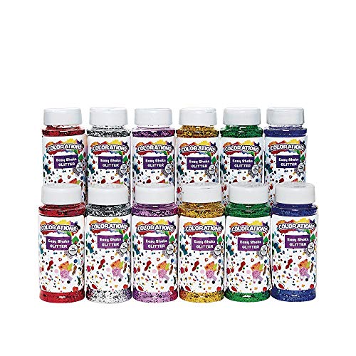 Colorations® Easy Shake Glitter, Great for Crafting & Decorating, Each jar has shaker lid, 6 Bright Colors, 3.5 oz jars, 2 of each, Safe & Never - WoodArtSupply